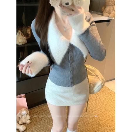 FA56794# 拼接毛领长袖针织开衫女冬季显瘦收腰毛衣外套修身辣妹上衣  服裝批發女裝批發服飾貨源