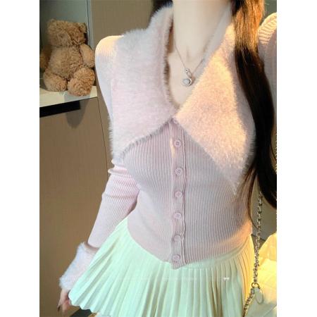 FA56794# 拼接毛领长袖针织开衫女冬季显瘦收腰毛衣外套修身辣妹上衣  服裝批發女裝批發服飾貨源