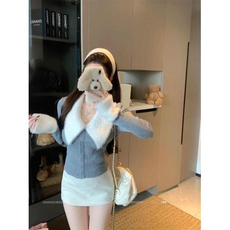 FA56794# 拼接毛领长袖针织开衫女冬季显瘦收腰毛衣外套修身辣妹上衣  服裝批發女裝批發服飾貨源