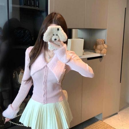 FA56794# 拼接毛领长袖针织开衫女冬季显瘦收腰毛衣外套修身辣妹上衣  服裝批發女裝批發服飾貨源