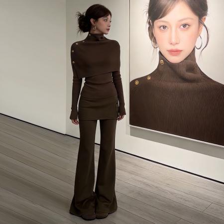 FA56795# 绝美巨好看咖色针织内搭打底衫女秋冬季新款斗篷上衣两件套装  服裝批發女裝批發服飾貨源