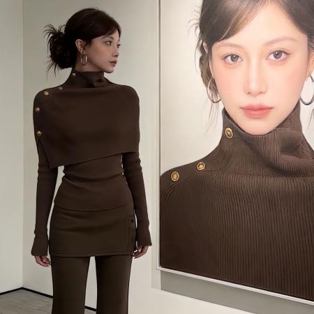 FA56795# 绝美巨好看咖色针织内搭打底衫女秋冬季新款斗篷上衣两件套装  服裝批發女裝批發服飾貨源
