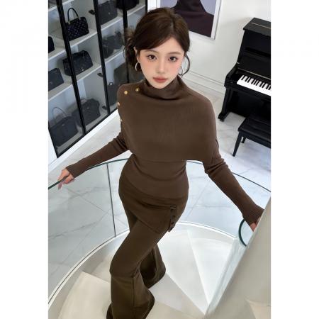FA56795# 绝美巨好看咖色针织内搭打底衫女秋冬季新款斗篷上衣两件套装  服裝批發女裝批發服飾貨源
