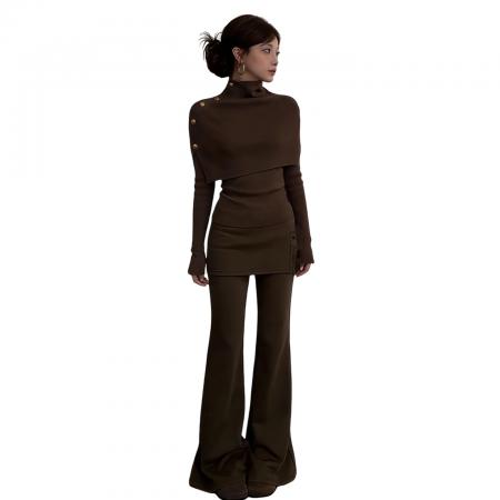 FA56795# 绝美巨好看咖色针织内搭打底衫女秋冬季新款斗篷上衣两件套装  服裝批發女裝批發服飾貨源