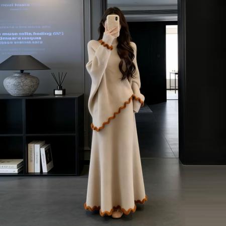 FA56796# 法式温柔风不规则针织连衣裙子女新款早春季超火穿搭长裙套装  服裝批發女裝批發服飾貨源