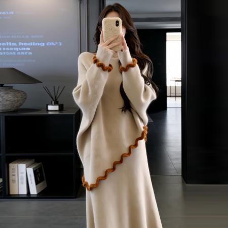 FA56796# 法式温柔风不规则针织连衣裙子女新款早春季超火穿搭长裙套装  服裝批發女裝批發服飾貨源