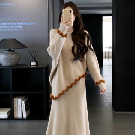 FA56796# 法式温柔风不规则针织连衣裙子女新款早春季超火穿搭长裙套装  服裝批發女裝批發服飾貨源