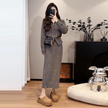 FA56797# 韩系巨好看穿搭一整套新款毛衣针织连衣裙女秋冬长裙两件套装  服裝批發女裝批發服飾貨源