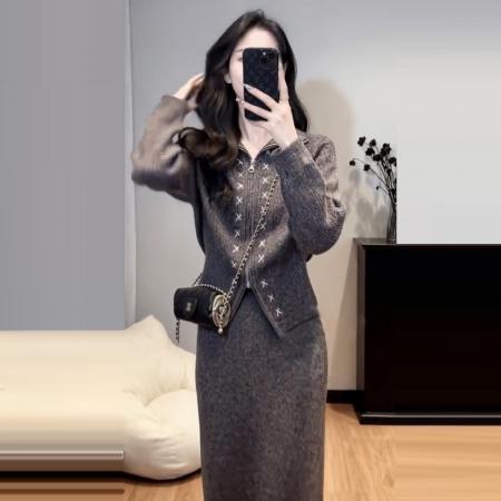 FA56797# 韩系巨好看穿搭一整套新款毛衣针织连衣裙女秋冬长裙两件套装  服裝批發女裝批發服飾貨源