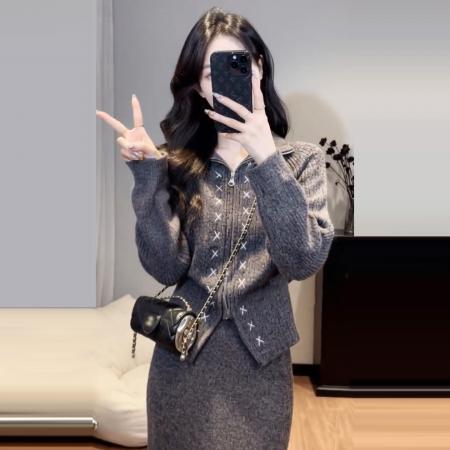 FA56797# 韩系巨好看穿搭一整套新款毛衣针织连衣裙女秋冬长裙两件套装  服裝批發女裝批發服飾貨源