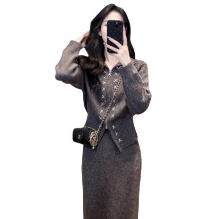 FA56797# 韩系巨好看穿搭一整套新款毛衣针织连衣裙女秋冬长裙两件套装  服裝批發女裝批發服飾貨源