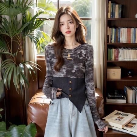 FA56798# 春装不规则晕染拼接上衣女修身显瘦上衣打底  服裝批發女裝批發服飾貨源