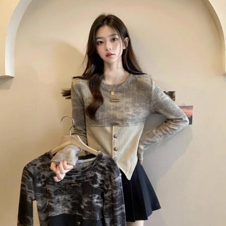 FA56798# 春装不规则晕染拼接上衣女修身显瘦上衣打底  服裝批發女裝批發服飾貨源