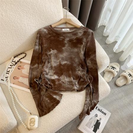 FA56799# 甜辣妹扎染抽绳喇叭袖上衣纯欲长袖T恤  服裝批發女裝批發服飾貨源