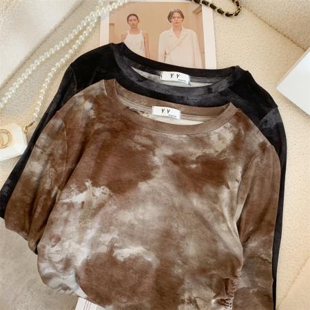 FA56799# 甜辣妹扎染抽绳喇叭袖上衣纯欲长袖T恤  服裝批發女裝批發服飾貨源