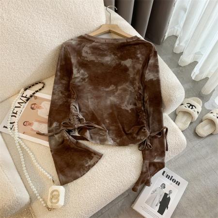 FA56799# 甜辣妹扎染抽绳喇叭袖上衣纯欲长袖T恤  服裝批發女裝批發服飾貨源