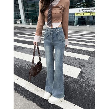 FA56801# -春秋微喇叭阔腿时尚显瘦牛仔裤女大码胖mm低腰垂感拖地裤子  服裝批發女裝批發服飾貨源