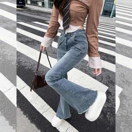 FA56801# -春秋微喇叭阔腿时尚显瘦牛仔裤女大码胖mm低腰垂感拖地裤子  服裝批發女裝批發服飾貨源