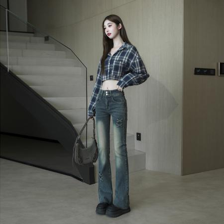 FA56802# -春秋微喇牛仔裤美式显瘦高腰设计感蝴蝶结大码胖mm喇叭裤子  服裝批發女裝批發服飾貨源