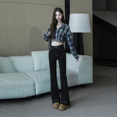 FA56803# -春秋微喇叭阔腿时尚显瘦牛仔裤女大码胖mm高腰垂感拖地裤子  服裝批發女裝批發服飾貨源