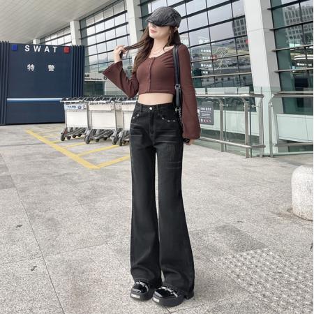 FA56804# -小个子宽松大码美式小众牛仔喇叭长裤复古修身直筒微喇裤子  服裝批發女裝批發服飾貨源