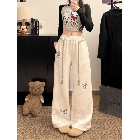 FA56805# 韩系白灰色蝴蝶刺绣运动卫裤女春夏麻花腰绳宽松慵懒休闲长裤  服裝批發女裝批發服飾貨源