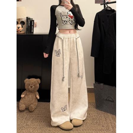 FA56805# 韩系白灰色蝴蝶刺绣运动卫裤女春夏麻花腰绳宽松慵懒休闲长裤  服裝批發女裝批發服飾貨源