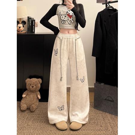 FA56805# 韩系白灰色蝴蝶刺绣运动卫裤女春夏麻花腰绳宽松慵懒休闲长裤  服裝批發女裝批發服飾貨源