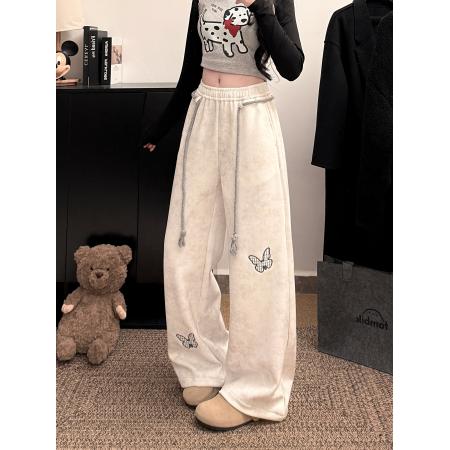 FA56805# 韩系白灰色蝴蝶刺绣运动卫裤女春夏麻花腰绳宽松慵懒休闲长裤  服裝批發女裝批發服飾貨源