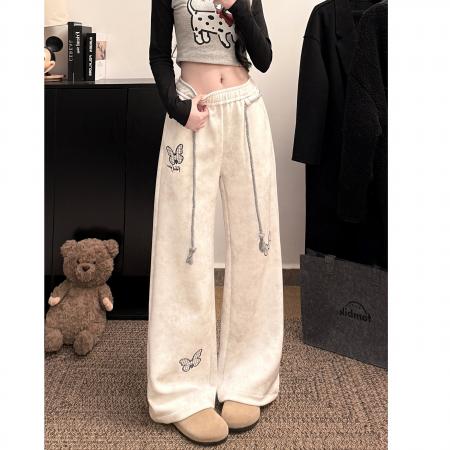 FA56805# 韩系白灰色蝴蝶刺绣运动卫裤女春夏麻花腰绳宽松慵懒休闲长裤  服裝批發女裝批發服飾貨源