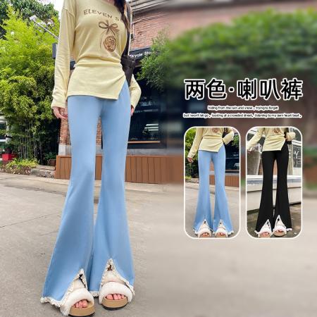 FA56807# 春夏新款微喇裤女裤蕾丝拼接女裤高腰垂感显瘦裤子女  服裝批發女裝批發服飾貨源