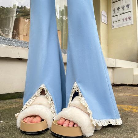 FA56807# 春夏新款微喇裤女裤蕾丝拼接女裤高腰垂感显瘦裤子女  服裝批發女裝批發服飾貨源