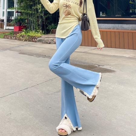 FA56807# 春夏新款微喇裤女裤蕾丝拼接女裤高腰垂感显瘦裤子女  服裝批發女裝批發服飾貨源