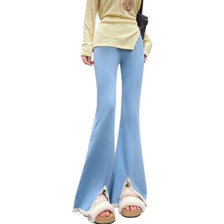 FA56807# 春夏新款微喇裤女裤蕾丝拼接女裤高腰垂感显瘦裤子女  服裝批發女裝批發服飾貨源