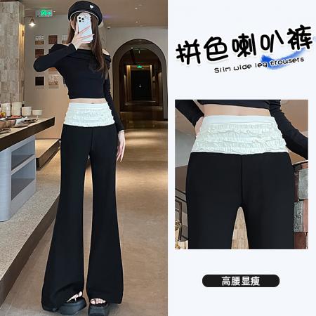 FA56809# 蕾丝花边拼接喇叭裤女春夏公主风褶皱高腰阔腿裤女微喇女裤子  服裝批發女裝批發服飾貨源