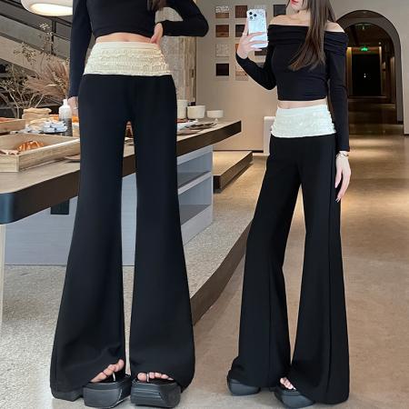 FA56809# 蕾丝花边拼接喇叭裤女春夏公主风褶皱高腰阔腿裤女微喇女裤子  服裝批發女裝批發服飾貨源