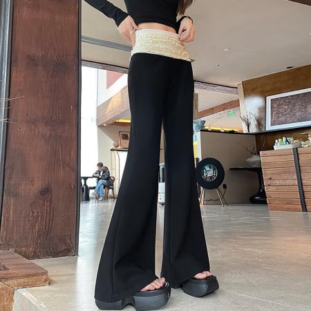 FA56809# 蕾丝花边拼接喇叭裤女春夏公主风褶皱高腰阔腿裤女微喇女裤子  服裝批發女裝批發服飾貨源