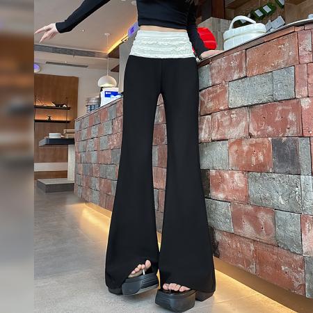 FA56809# 蕾丝花边拼接喇叭裤女春夏公主风褶皱高腰阔腿裤女微喇女裤子  服裝批發女裝批發服飾貨源