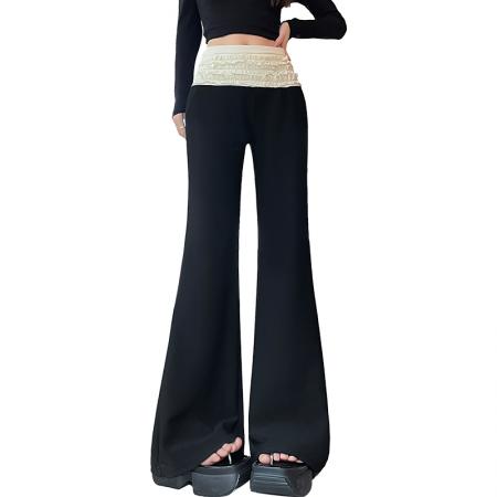 FA56809# 蕾丝花边拼接喇叭裤女春夏公主风褶皱高腰阔腿裤女微喇女裤子  服裝批發女裝批發服飾貨源