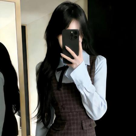 FA56812# 韩系学院风假两件长袖连衣裙女早春季新款高级感包臀格纹短裙  服裝批發女裝批發服飾貨源