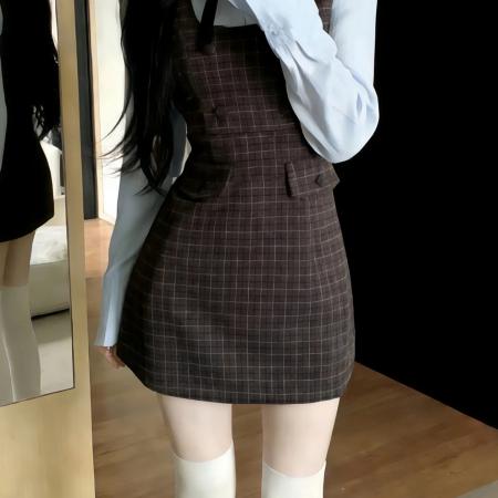 FA56812# 韩系学院风假两件长袖连衣裙女早春季新款高级感包臀格纹短裙  服裝批發女裝批發服飾貨源