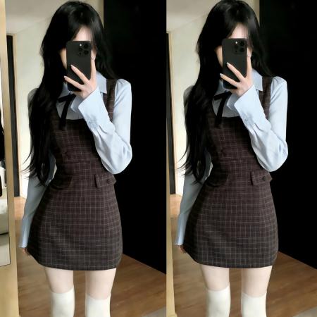 FA56812# 韩系学院风假两件长袖连衣裙女早春季新款高级感包臀格纹短裙  服裝批發女裝批發服飾貨源
