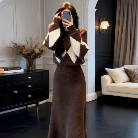 FA56813# 美拉德咖色针织毛衣连衣裙子女秋冬季新款穿搭一整套装高级感  服裝批發女裝批發服飾貨源