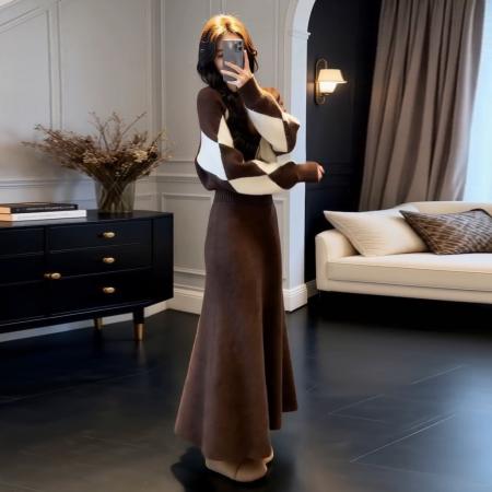 FA56813# 美拉德咖色针织毛衣连衣裙子女秋冬季新款穿搭一整套装高级感  服裝批發女裝批發服飾貨源