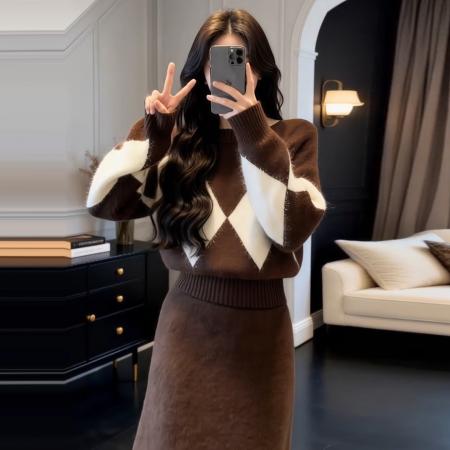 FA56813# 美拉德咖色针织毛衣连衣裙子女秋冬季新款穿搭一整套装高级感  服裝批發女裝批發服飾貨源