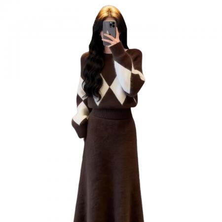 FA56813# 美拉德咖色针织毛衣连衣裙子女秋冬季新款穿搭一整套装高级感  服裝批發女裝批發服飾貨源