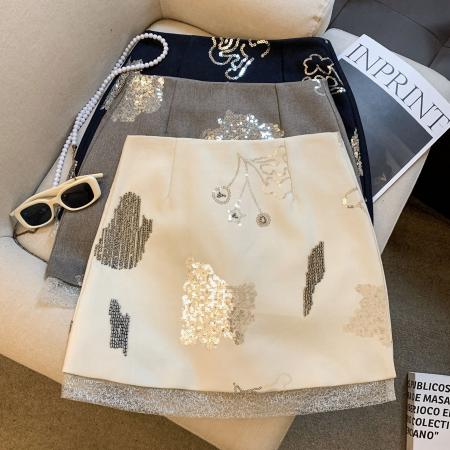 FA56814# 重工珠片钉珠A字半身裙女小个子辣妹短裙高腰气质遮胯包臀裙  服裝批發女裝批發服飾貨源