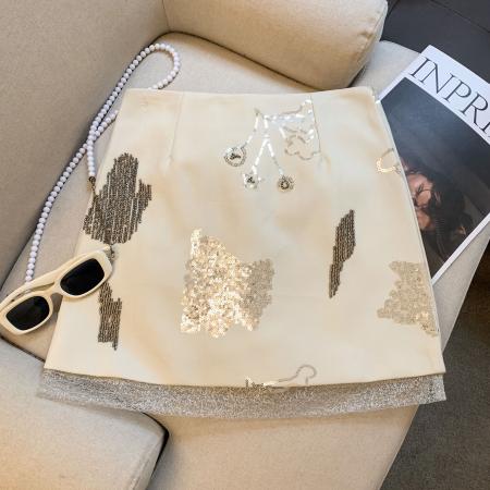 FA56814# 重工珠片钉珠A字半身裙女小个子辣妹短裙高腰气质遮胯包臀裙  服裝批發女裝批發服飾貨源