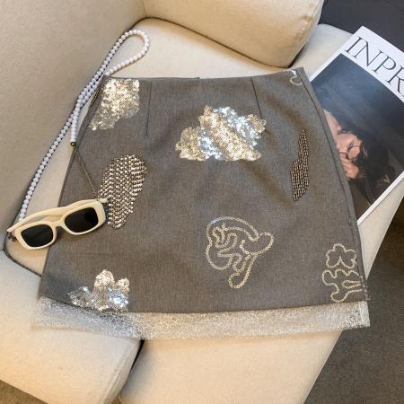 FA56814# 重工珠片钉珠A字半身裙女小个子辣妹短裙高腰气质遮胯包臀裙  服裝批發女裝批發服飾貨源