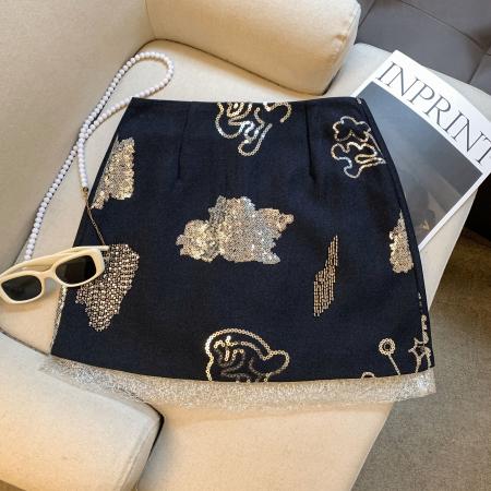 FA56814# 重工珠片钉珠A字半身裙女小个子辣妹短裙高腰气质遮胯包臀裙  服裝批發女裝批發服飾貨源